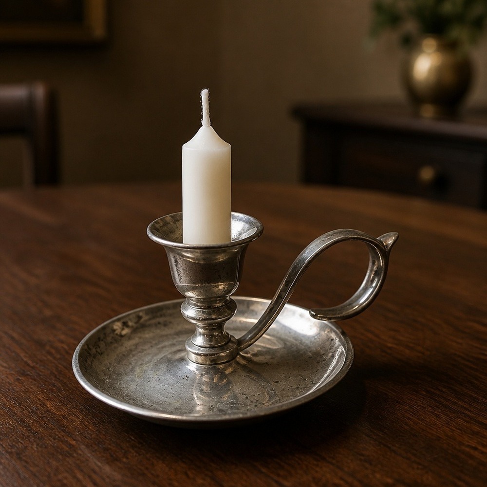 Vintage Silver-Plated Chamberstick Candle Holder with Thumb Grip